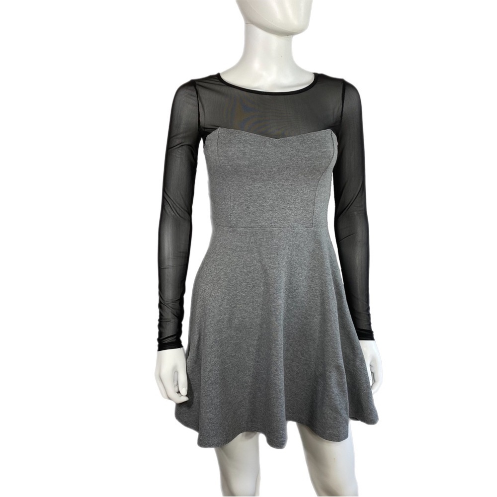 Forever 21 Gray Skater Dress w/ Black Mesh Long Sleeves